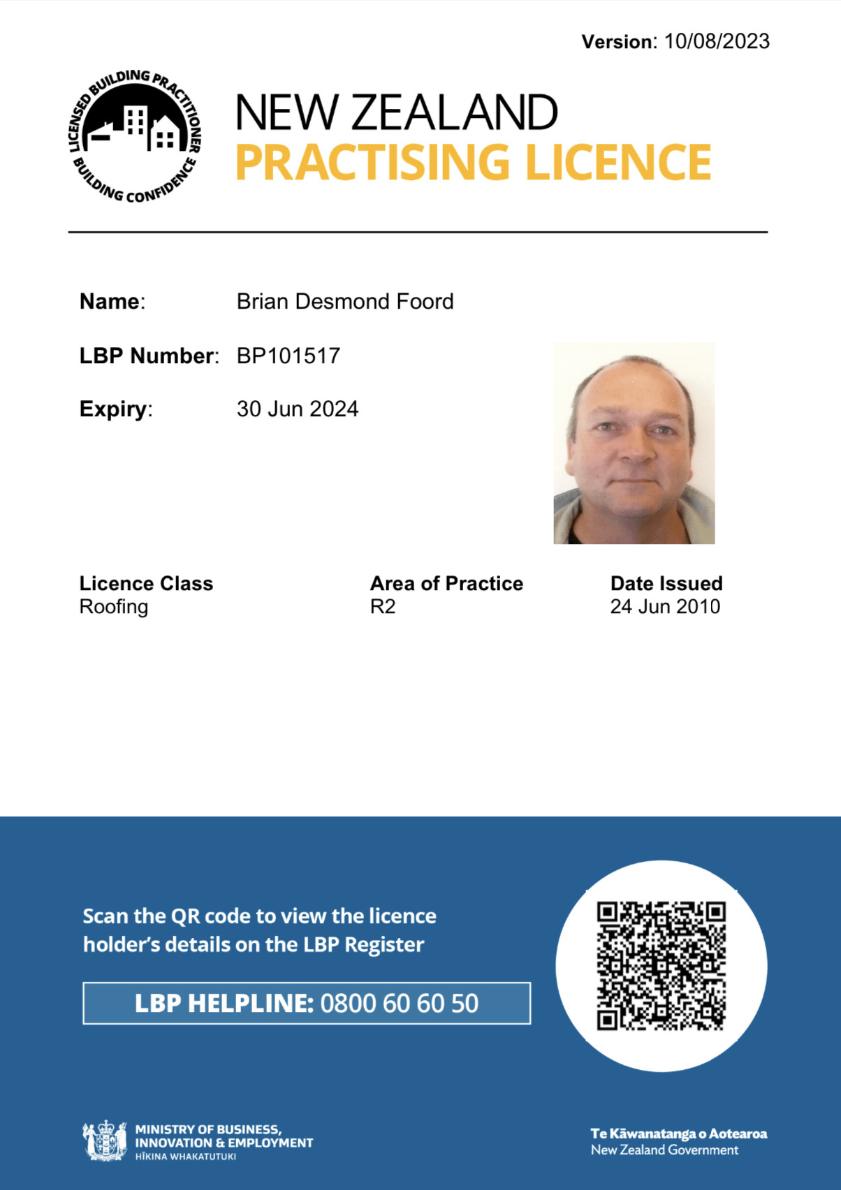 Brian Desmond Foord Roofing LBP Licence