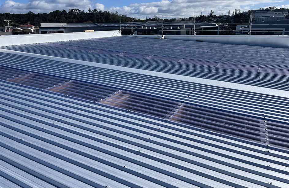 Industrial long-run steel roofing with skylights installed on an Auckland warehouse by Total Roofing
